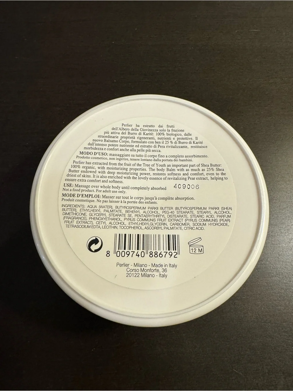 Perlier Shea Butter Intensive Nourishing Body Balm Pure Pear 200 ml 6.7 oz NEW
